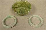 Lot 247  -  3 piece carved jade lot. 2 small carved bangle bracelets. One small bowl with flared rim. -- Dimensions:  H: 1.25 inches: W: 4 inches ---  <br><br>US Shipping charge:</b>  $20