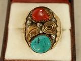 Lot 250  -  Sterling Amer Indian turquoise & coral ring. M. L. Large sterling ring with gold tone accents. Signed M. L.-- Dimensions:   ---  <br><br>US Shipping charge:</b>  $9