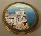 Lot 260  -  .875 silver enameled compact.  Coastal scene. Marked.-- Dimensions:  H: 2.75 inches: W: 2.75 inches ---  <br><br>US Shipping charge:</b>  $9