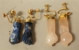 Lot 261  -  2 pair carved fist Figa earrings. 1) 14k gold lapis Figa. 2) Carved rose quarts with gold fill. -- Dimensions:  : L: 1.75 inches ---  <br><br>US Shipping charge:</b>  $9