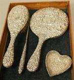 Lot 276  -  4 piece Stieff sterling. 1) Stieff heart dish. 2) Sterling brush and hand mirror marked Stieff.  3) Sterling handled button hook. Button hook not marked.-- Dimensions:  H: 10 inches: W: 5.5 inches ---  <br><br>US Shipping charge:</b>  $20
