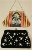 Lot 278  -  2 pc vintage handbag lot. 1) Koret black velvet bag with applied rhinestone details. 2) Ethnic fabric purse with turquoise and black bead trim.  Not marked.-- Dimensions:  H: 6.5 inches: W: 9.5 inches ---  <br><br>US Shipping charge:</b>  $20