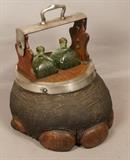 Lot 206  -  Vintage Elephant Foot Form Tantalus. Two Decorated Square Green Glass Bottles. Taxidermy Trophy. -- Dimensions:  H: 17 inches: W: 16 inches: D: 16 inches ---  <br><br>US Shipping charge:</b>  $50