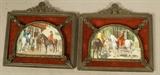 Lot 230  -  Pr Small Equestrian Prints in Vintage Frames. Decorative metal frames with velvet mats. -- Dimensions:  H: 4.75 inches: W: 5.25 inches ---  <br><br>US Shipping charge:</b>  $20
