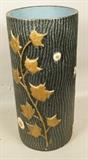 Lot 288  -  Antique Ceramic Umbrella Stand. Natural design of tree bark with knots and trailing ivy vine in gold paint. -- Dimensions:  H: 20.25 inches: W: 9.5 inches ---  <br><br>US Shipping charge:</b>  $50