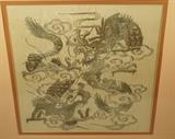 Lot 289  -  Asian Embroidered Textile. Framed. Gilt threads sewn in dragon design.-- Dimensions:  Image Size: H: 21 inches: W: 21 inches ---  <br><br>US Shipping charge:</b>  $50