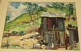 Lot 294  -  Clement T Weisbecker Oil on Paper Painting.  Stylized farm scene.  Unframed.-- Dimensions:  Image Size: H: 12.75 inches: W: 17.75 inches ---  <br><br>US Shipping charge:</b>  $20