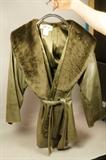Lot 304  -  Textured Leather & Sheared Beaver Collar Coat Jacket. Olive Green. Self Belt. Labeled. Size 44-- Dimensions:   ---  <br><br>US Shipping charge:</b>  $20