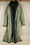Lot 306  -  Long Suede & Leather Chevron Design Fur Coat. Olive Green Exterior with long black fur interior. No label. -- Dimensions:   ---  <br><br>US Shipping charge:</b>  $20