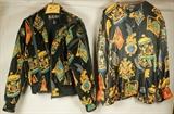 Lot 311  -  2pc ESCADA Silk Blouse. Velvet Quilted Jacket. Black background with flags, coats of arms & drums. Blouse 100% Silk. Zip front Quilted Velvet Jacket Size 42. Both labeled-- Dimensions:   ---  <br><br>US Shipping charge:</b>  $20