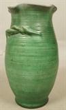 Lot 326  -  WELLER Green Glazed Art Pottery Vase. Twisted applied handles. Deep Pink glazed interior. Marked Weller Ware. Hand Made.-- Dimensions:  H: 11 inches: W: 6.5 inches: D: 6.5 inches ---  <br><br>US Shipping charge:</b>  $35