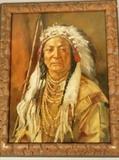 Lot 337  -  Oil Painting Portrait of Indian Chief on Ceramic. Feathered headdress. Carved Wood Frame. Not signed. -- Dimensions:  Image Size: H: 15.5 inches: W: 11.5 inches ---  <br><br>US Shipping charge:</b>  $50