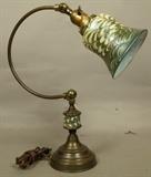 Lot 343  -  Bronze Table Lamp with Art Glass Shade. Iridescent Art Glass shade and accent on base. -- Dimensions:  H: 16.5 inches: W: 15 inches: D: 5.5 inches ---  <br><br>US Shipping charge:</b>  $35