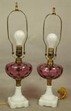 Lot 345  -  Amethyst & Milk Glass Table Lamps. Bubble textured globe with brass hardware. -- Dimensions:  H: 21.5 inches: W: 6 inches: D: 6 inches --- 