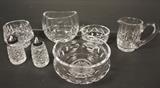Lot 351  -  7pcs WATERFORD Crystal Lot. Bowl, S&P shakers, Low Bowls and Vases. All marked.-- Dimensions:  H: 4.5 inches: W: 5.75 inches: D: 3.25 inches ---  <br><br>US Shipping charge:</b>  $50