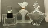 Lot 352  -  Lot 3pc Crystal Store Display Perfumer Bottles. 1). (Alfred) SUNG. 2). GILDA. 3). unmarked. -- Dimensions:  H: 13.5 inches: W: 11.5 inches: D: 4.5 inches --- 