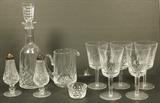 Lot 353  -  10pcs WATERFORD Crystal Lot. Set 5 matching stem goblets. Matching stoppered decanter. Matching small pitcher. Pr S&P Shakers. Decanter marked and has foil sticker. -- Dimensions:  H: 13.25 inches: W: 4 inches ---  <br><br>US Shipping charge:</b>  $50