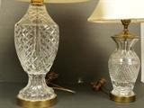 Lot 355  -  2pc WATERFORD Crystal Table Lamps. Both have brass base. Larger lamp has Waterford hang tag and foil label. Smaller has foil label. -- Dimensions:  H: 28.5 inches: W: 7 inches: D: 7 inches --- 