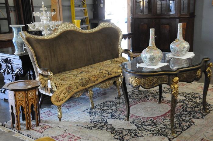 Syrian style mother-of-pearl inlaid settee, boulle style table, Chinese porcelain lamps, Venetian glass epergne