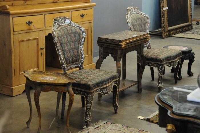 Mother-of-pearl inlaid side chairs, pine hutch