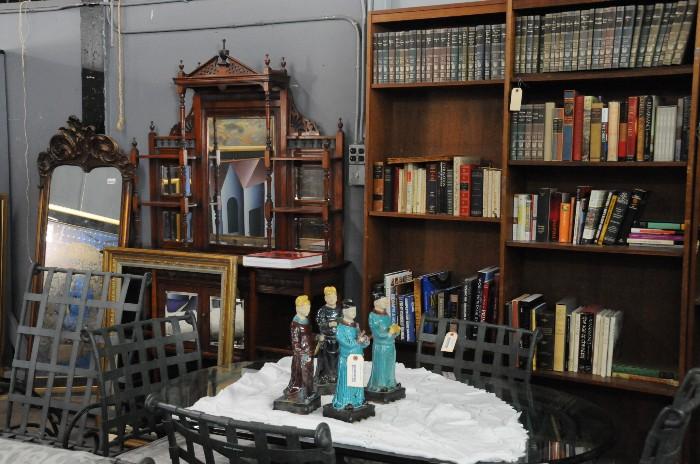 Library of books, Chinese porcelain figures, Gothic revival server, patio furniture