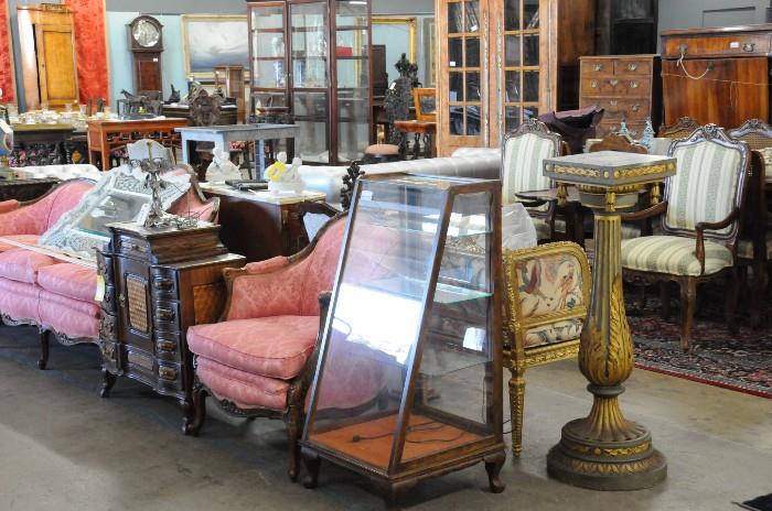 French style settee and bergeres, slant front vitrine, antique furniture and art