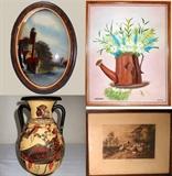 Reverse Painted Oval Picture, Signed Oil Painting, Greek Urn and Signed Antique Print of Sheep