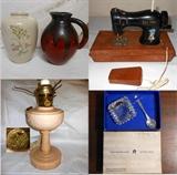 Aladdin Pink Milk Glass Lamp, Westmoreland Sterling Spoon and Salt and Holly Hobbie Toy Sewing Machine