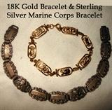 18K Gold Bracelet and Sterling Silver Marine Corps Bracelet 