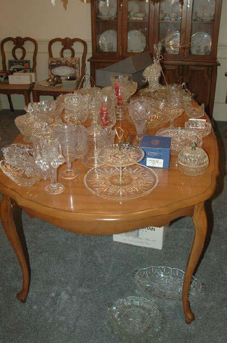 Dining room table with chairs, Crystal and glassware
