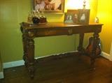 Gorgeous tall ornate leather top desk, island, sideboard. Solid distressed mahogany. Has 2 drawers.