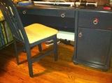 Pottery barn desk with chair, distressed slate blue with bullnose pulls