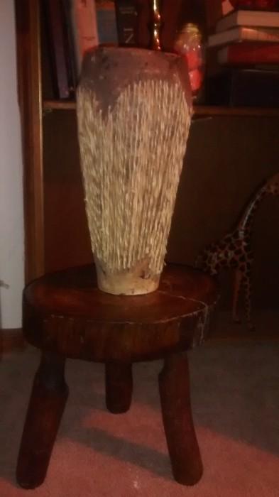 animal skin drum and handmade footstool
