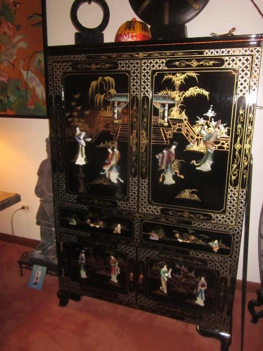 Black Lacquer Asian chest, Cabinet with drawers 