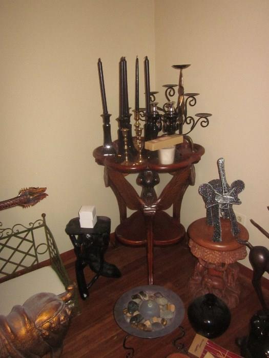 Dragon Fly Table, candlesticks, sculptures, elephants
