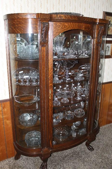 1800's Oak Claw Foot, curved glass china cabinet