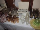 bar ware, depression glass, milk glass