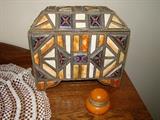 SOLD! Moroccan stained glass covered box, amber jar