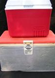 vintage aluminum wrapped cooler and new Rubbermaid coolers