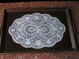 Victorian lace like hand painted glass and wood tray 21x 13 1/8x 1 1/4"