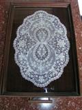 Victorian lace like hand painted glass and wood tray 21x 13 1/8x 1 1/4"