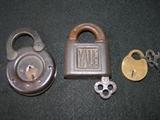 Vintage pad locks, qty 3. Acme # 6, Yale and Towne Mfc. Co., Brooklyn NY, W. Bohannan #070
