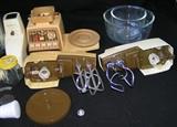 Vintage Oster Kitchen Center, including meat grinder, ice crusher, blender, dough hook, mixing bowls, mixer head, and plastic storage jars, etc.