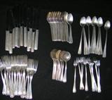 W. M. A. Rogers hotel plate by Oneida ltd., stainless knife blades, shrimp forks, teaspoons, soup spoons, forks, tea spoons. Case is origional drift lodge wood from outside Zion Nationl forest