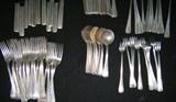 W. M. A. Rogers hotel plate by Oneida ltd., stainless knife blades, shrimp forks, teaspoons, soup spoons, forks, tea spoons. Case is origional drift lodge wood from outside Zion Nationl forest