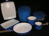 Dansk Blue cookware. Made in France IHQ. 9x12 lasgna, small and large stock pot, sauce pan, butter pan, frying pan, 10x7 baking pan.