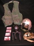 Helicopter flak jacket, USN gas mask, flight helmet, goggles and cover, pictures and news paper info
