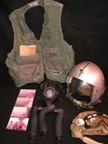 Helicopter flak jacket, USN gas mask, flight helmet, goggles and cover, pictures and news paper info