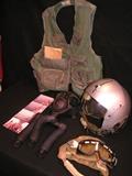 Helicopter flak jacket, USN gas mask, flight helmet, goggles and cover, pictures and news paper info