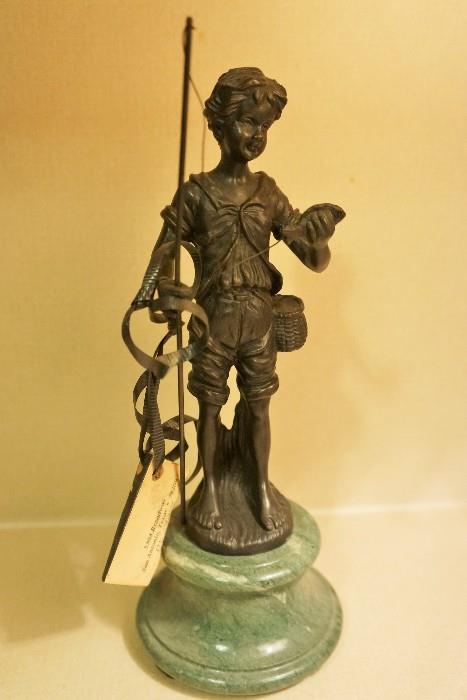 Boy with fishing pole bronze artwork by Auguste Moreau 